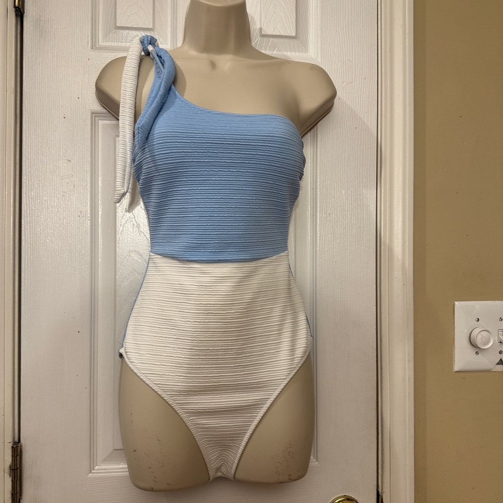 Blue and White One-Shoulder Swimsuit